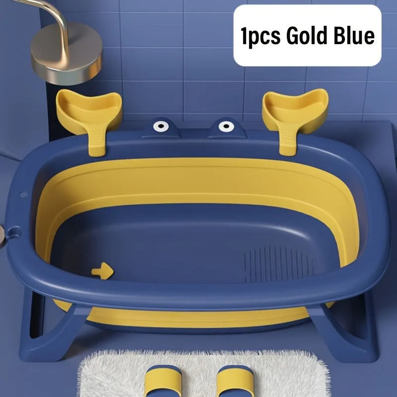 Blue foldable portable pet tub set up for washing a small dog, showing its collapsible metal frame.