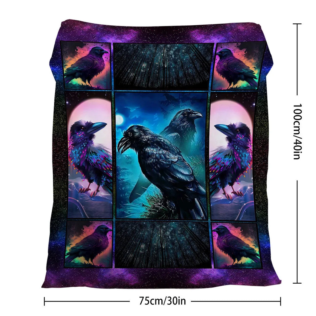 Flannel colourful raven print soft multifunctional throw blanket in multicoloured size options