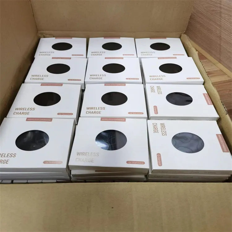 Black frosted 15W wireless charger on a desk with a Type-C cable connected