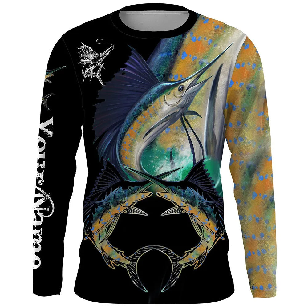 Men's fish printed long sleeve pullover top in milk silk fabric with round neck