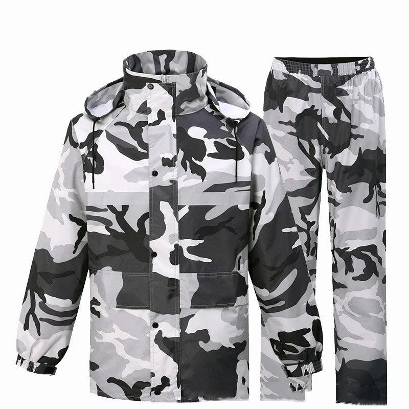 Gray camouflage raincoat and rain trousers suit for men, two-piece set with PVC waterproof coating, on white background.