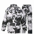 Gray camouflage raincoat and rain trousers suit for men, two-piece set with PVC waterproof coating, on white background.
