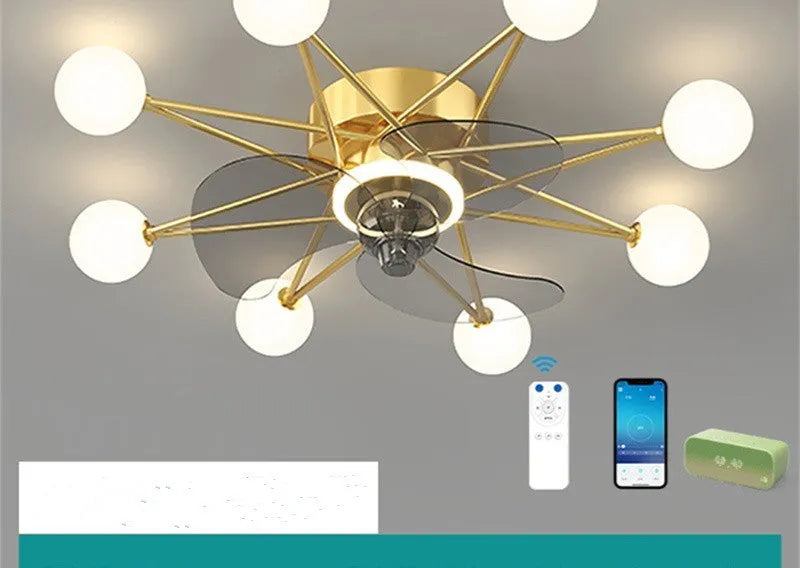 Nordic ceiling fan light with full of stars circular lampshade in Black for living room