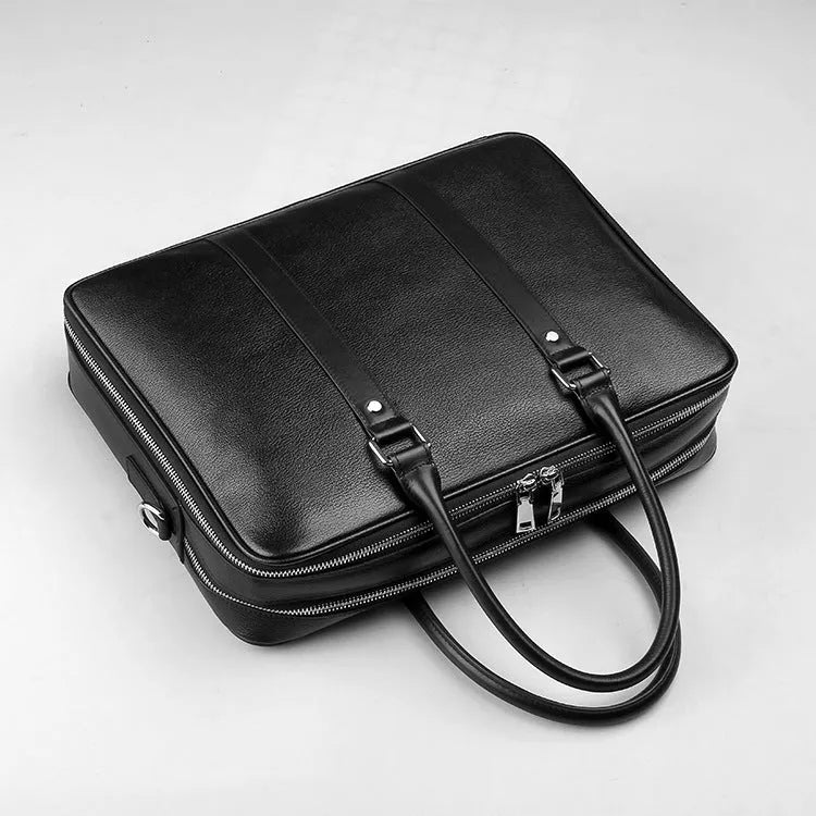 Men's black genuine cowhide leather handbag with double zipper, 14 inch, for business travel