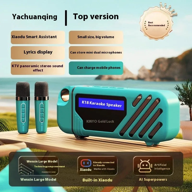 K18 Bluetooth speaker microphone set with lithium battery, 10W output, available in Pixel and Lyrics editions, Milky White and Blue colours