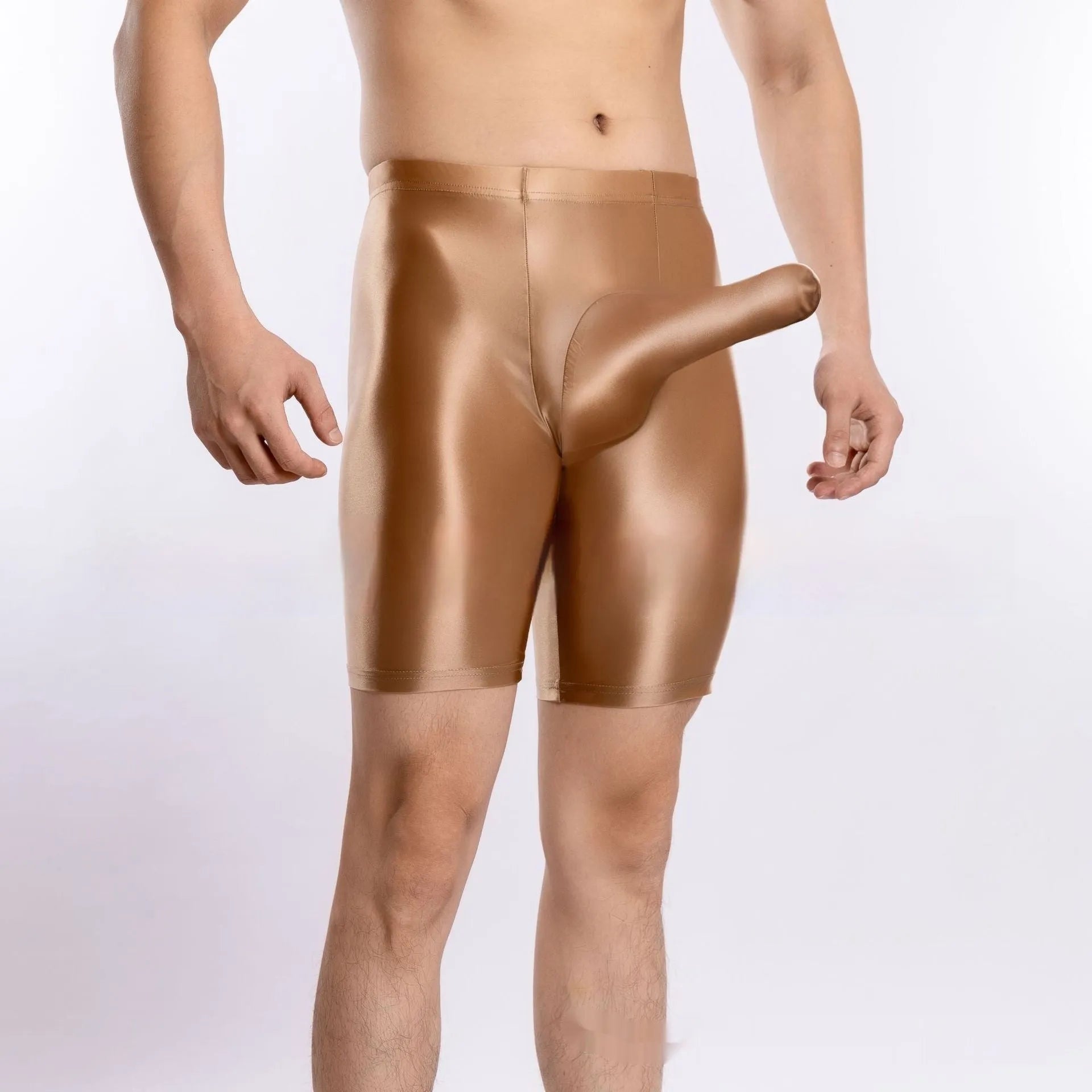 Plus size men's shiny silky nylon sports shorts shown in multiple colours including black, red, and fluorescent green