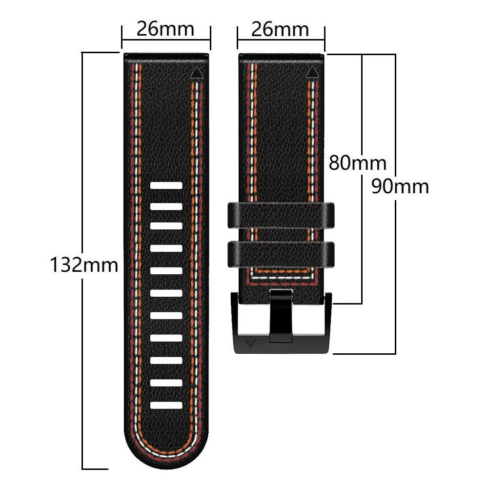 Quick release silicone leather watchband for Garmin Fenix watches in black, shown detached.