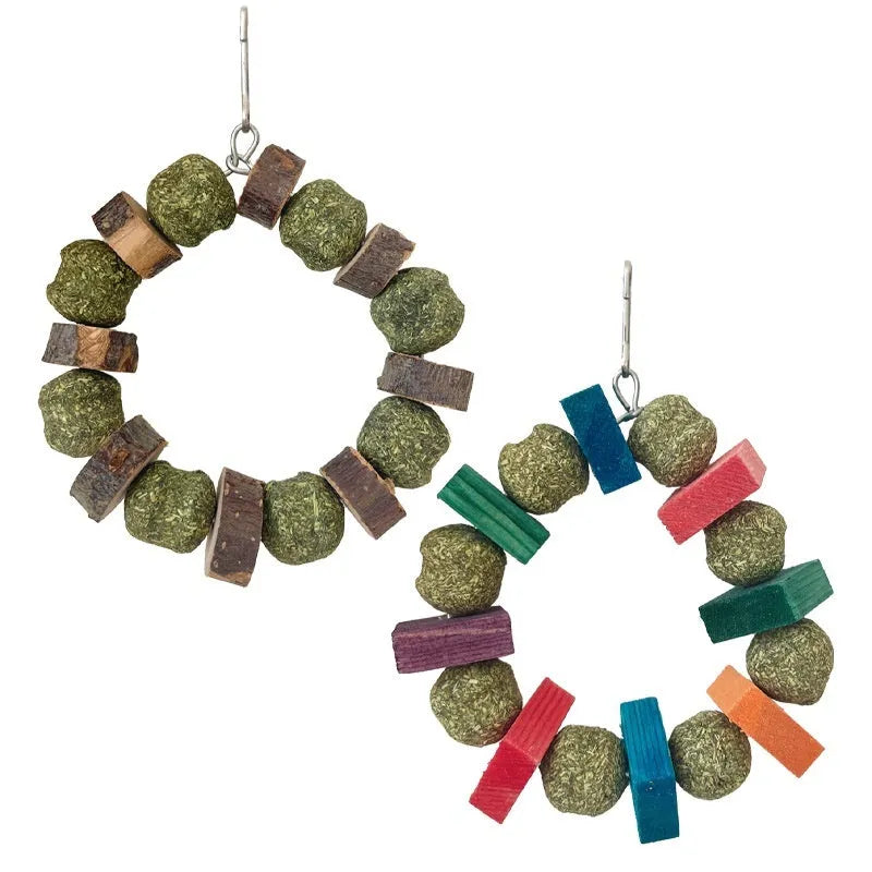 Colourful hamster chewing toy with straw ball rings and applewood rods for small pet dental health