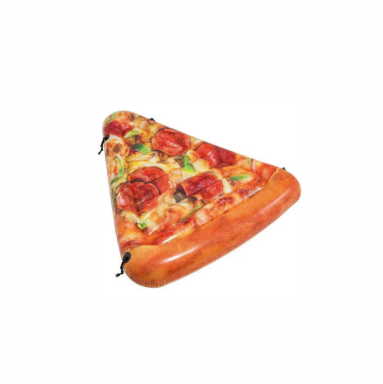 Pizza-themed inflatable surfboard recliner floating in water with vibrant colours and 175cm dimensions