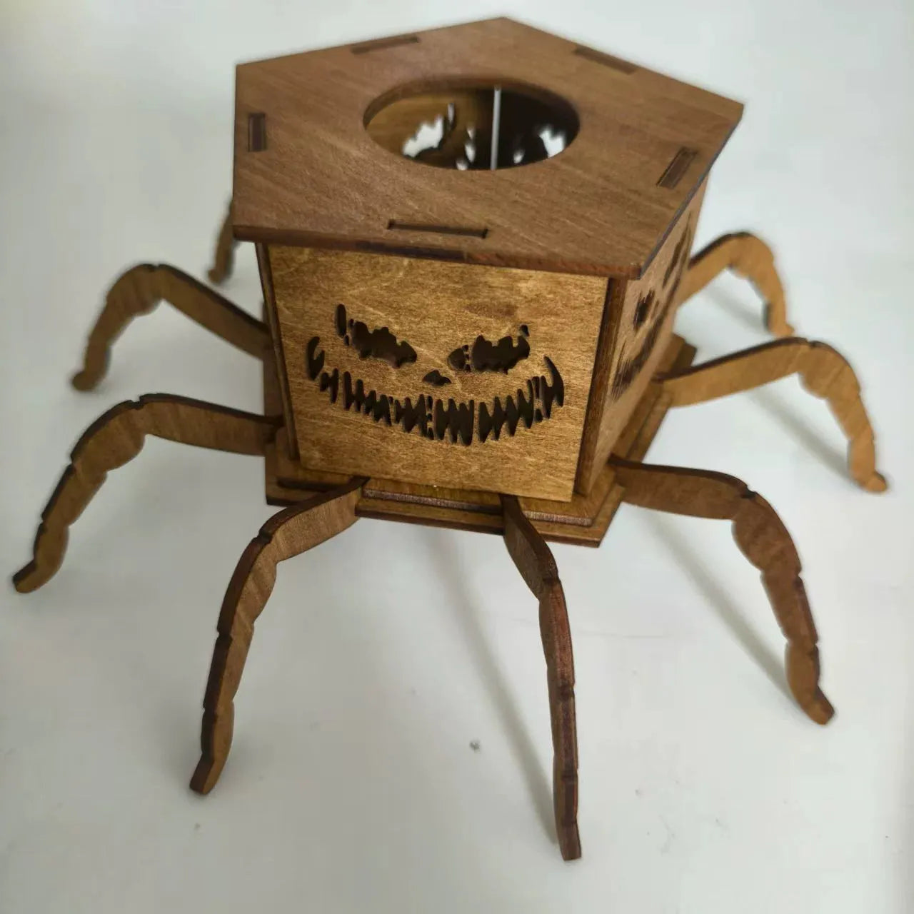 Modern minimalist wooden spider lantern candlestick Halloween decoration measuring 21cm tall