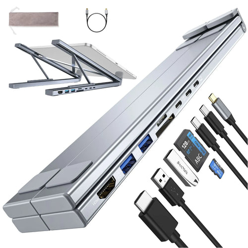 Aluminium folding laptop stand with integrated 8-in-1 multi-interface docking hub