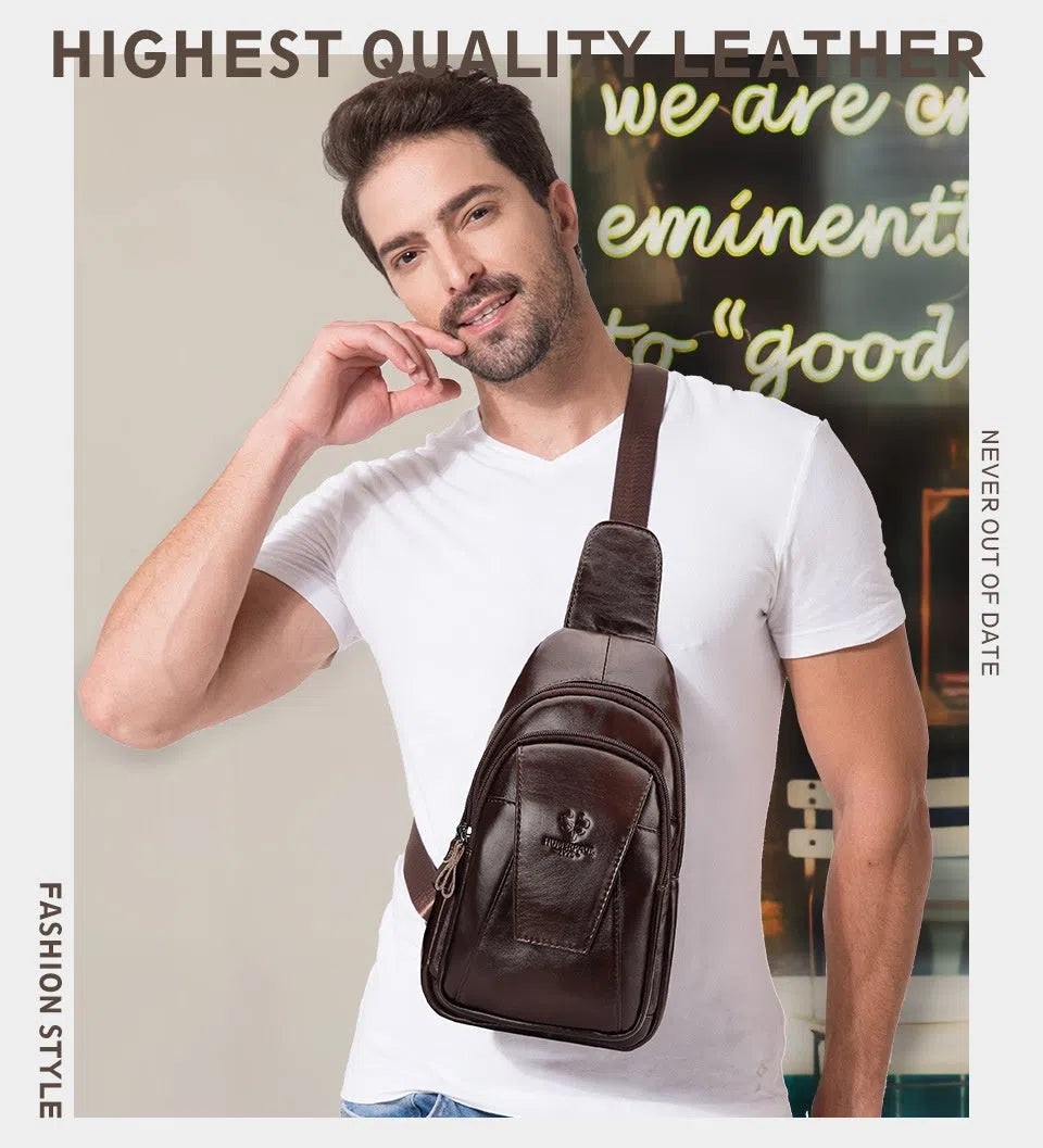 Single-shoulder bag full-grain cowhide men commuting load reduction stitched detailing retro solid colour
