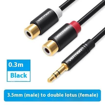 Black 30cm 3.5mm to double lotus audio cable with gold-plated connectors and revolving head