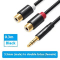Black 30cm 3.5mm to double lotus audio cable with gold-plated connectors and revolving head