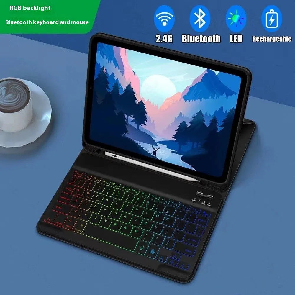 iPad in a colourful TPU leather case with a built-in luminous RGB backlit Bluetooth keyboard and stand open.