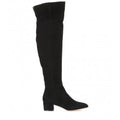 Women's grey suede over the knee flat boots with a low thick heel and pointed toe on a neutral background.