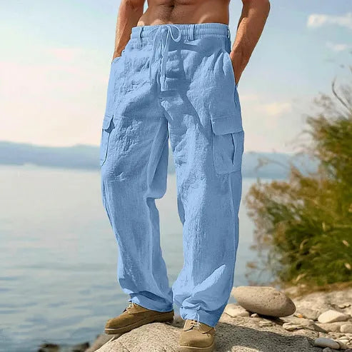 Men's cotton wide-leg casual trousers in light army green colour with mid-waist design