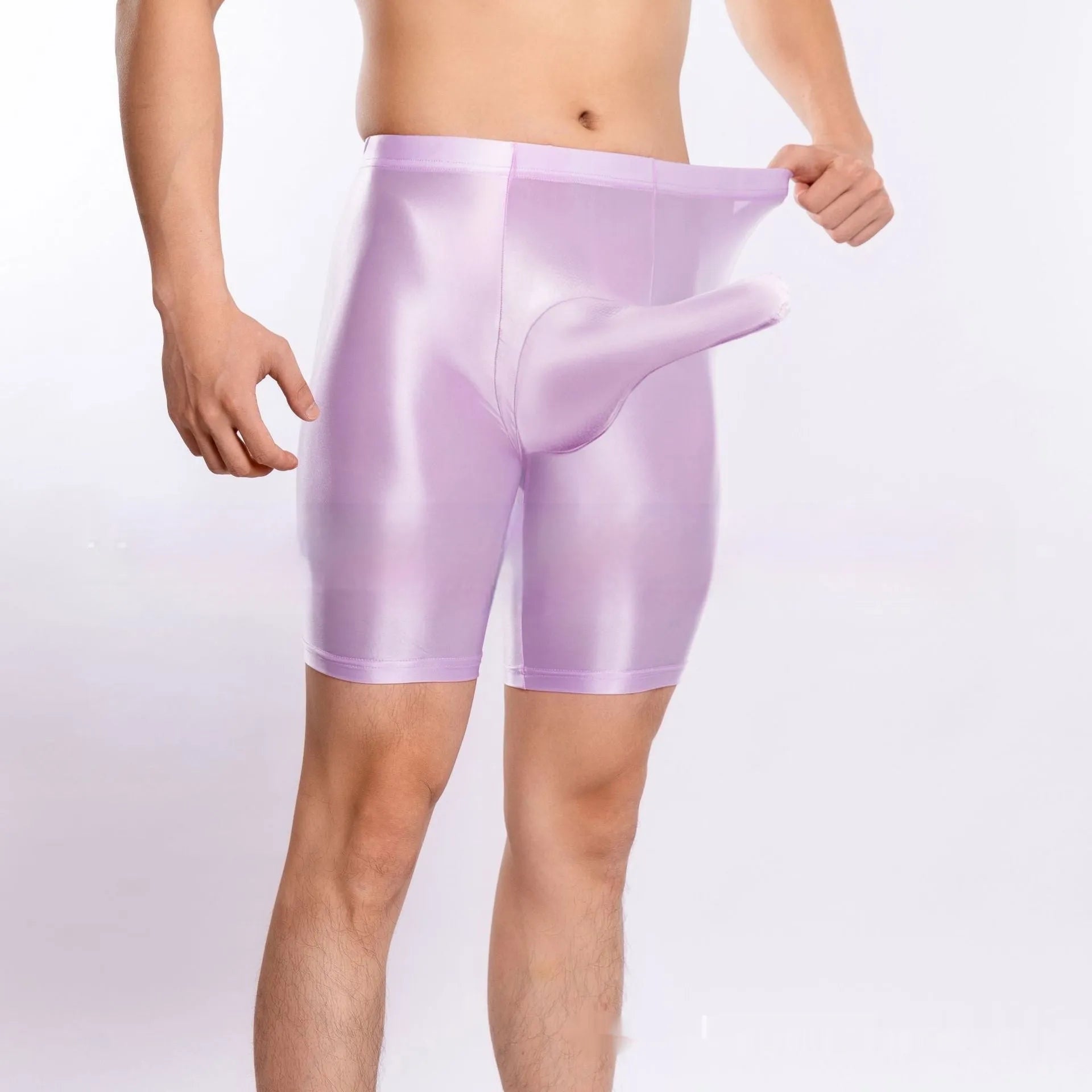 Plus size men's shiny silky nylon sports shorts shown in multiple colours including black, red, and fluorescent green