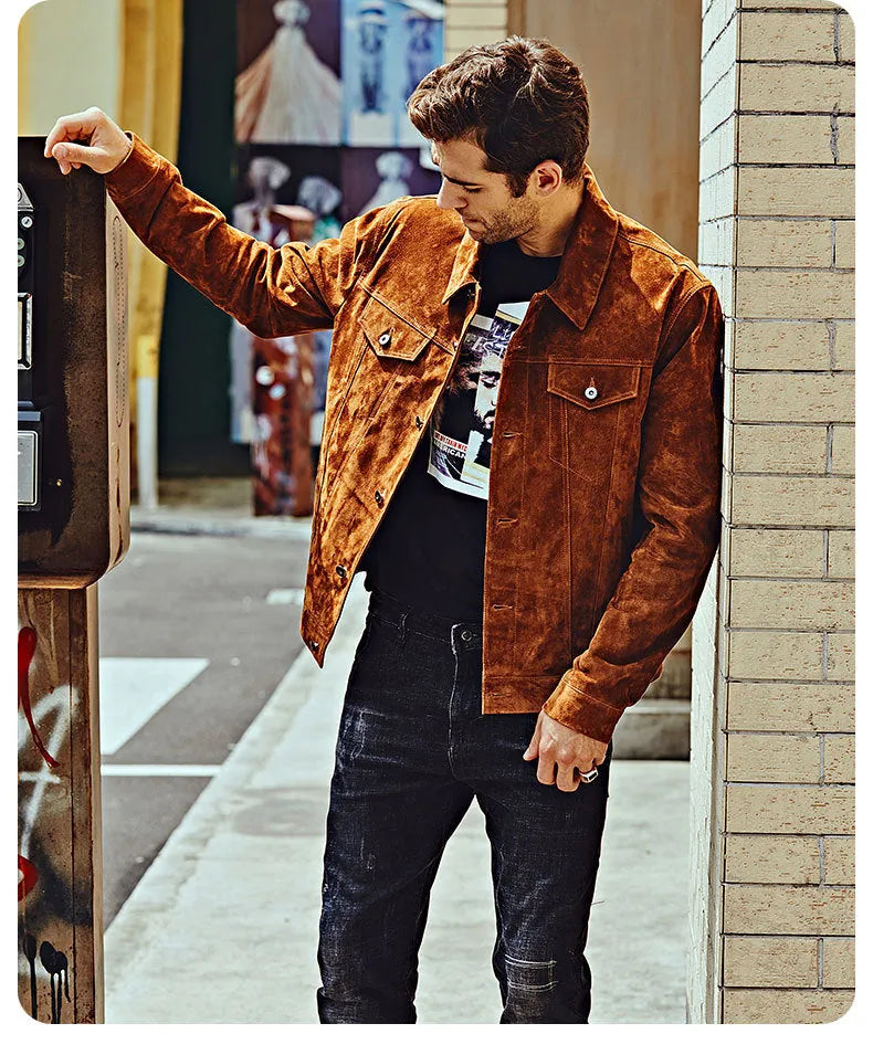 Men's brown pig skin leather biker jacket with zip front and pockets, American casual style