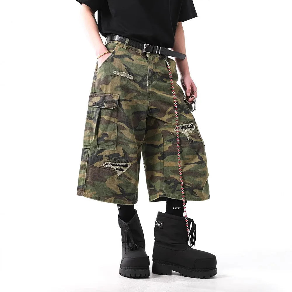 Men's retro camouflage denim cropped trousers with straight leg and mid waist, cotton fabric, multiple sizes