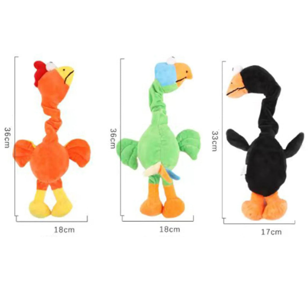 Squeaky screaming chicken dog chew toy in black, green, and orange rubber.