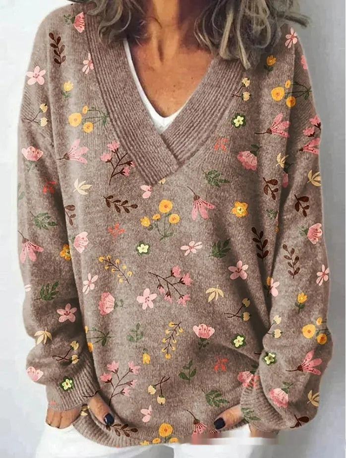 Women's V-neck long sleeve sweatshirt with a detailed 3D floral printed pattern in a retro style.
