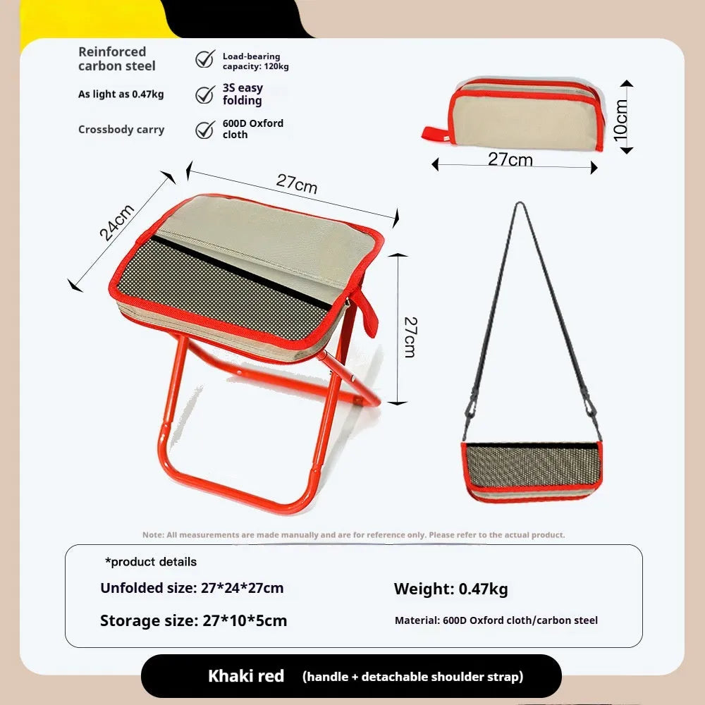 Lightweight foldable camp chair stool in Oxford fabric shown in a khaki colour.