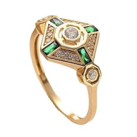 Square geometric emerald diamond ring for women in lvzuan colour with electroplated finish