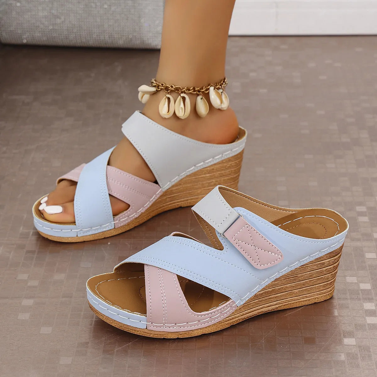 Women's wedge-heel slipper sandals with a Velcro strap, shown in a two-tone colour combination.