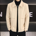 Men's khaki cotton blend polo collar casual jacket with side seam pockets