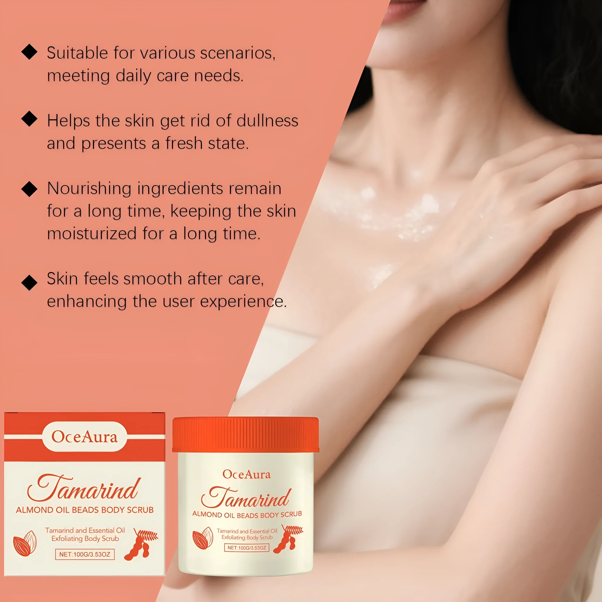 Tamarind Almond Body Scrub 100g pot with exfoliating cream containing American hickory shell powder