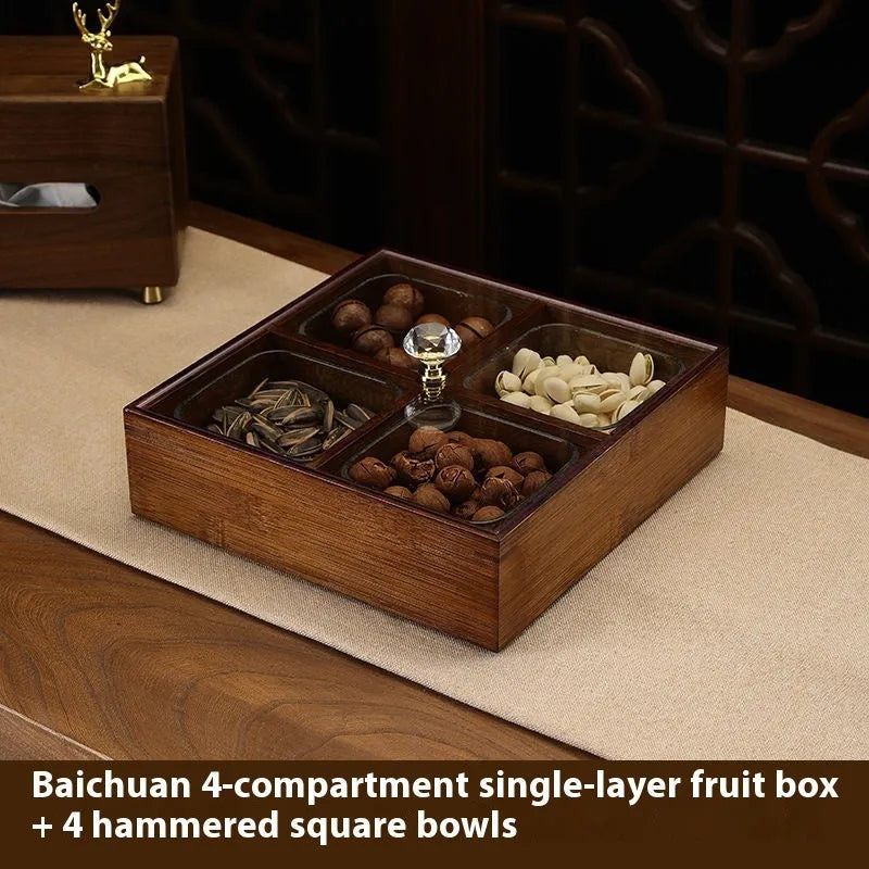 Solid wood acrylic dried fruit box with transparent grids in New Chinese style