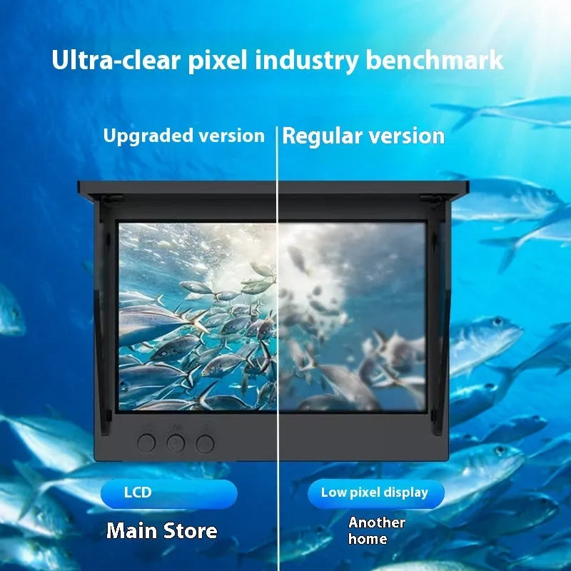 Underwater fish finder HD camera with 4.3-inch IPS screen showing underwater footage with night vision lights active.