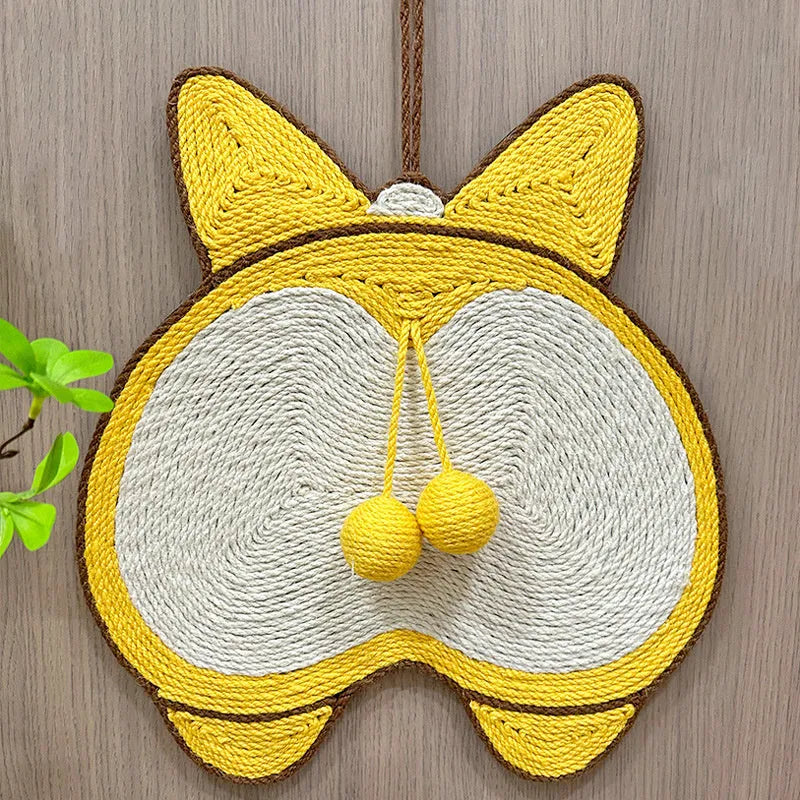 Yellow corgi butt design cat scratching pad with natural sisal surface on anti-slip base