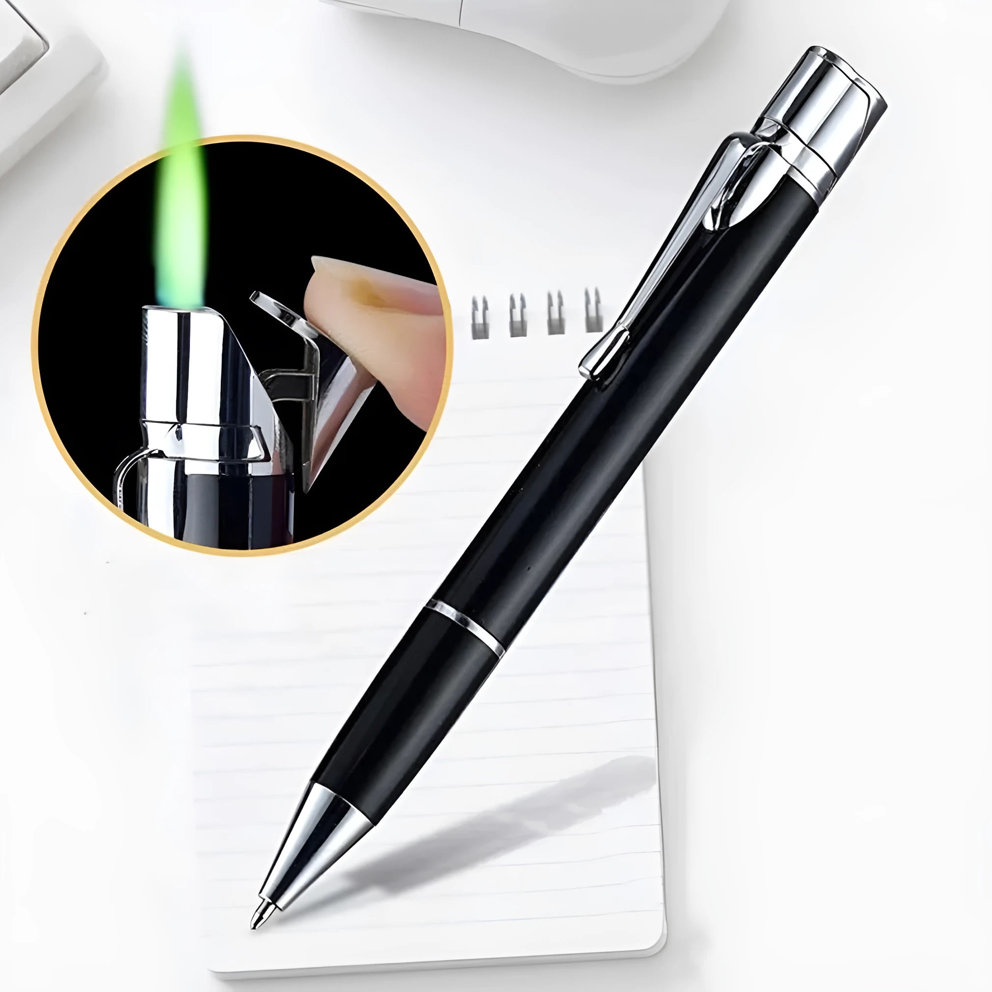 Windproof metal jet pen lighter in assorted colours showing slim refillable design