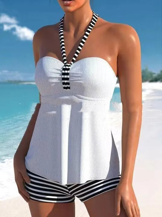 Black and white striped off-shoulder women's swimsuit with briefs style on mannequin