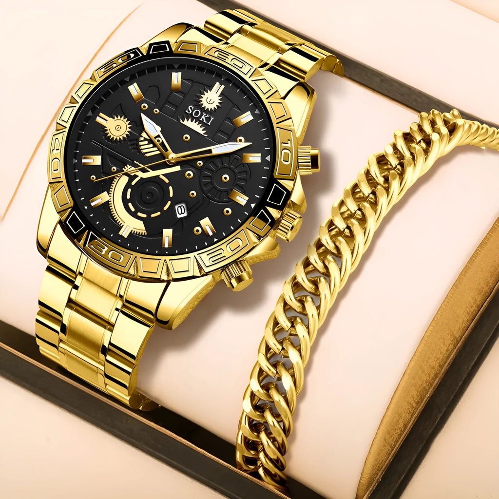 Gold-coloured men's stainless steel business quartz watch with calendar display