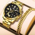 Gold-coloured men's stainless steel business quartz watch with calendar display