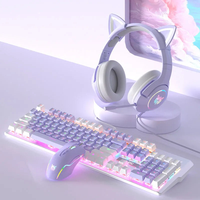 Purple and white mechanical keyboard, gaming mouse, and headset combo set with backlight on desk