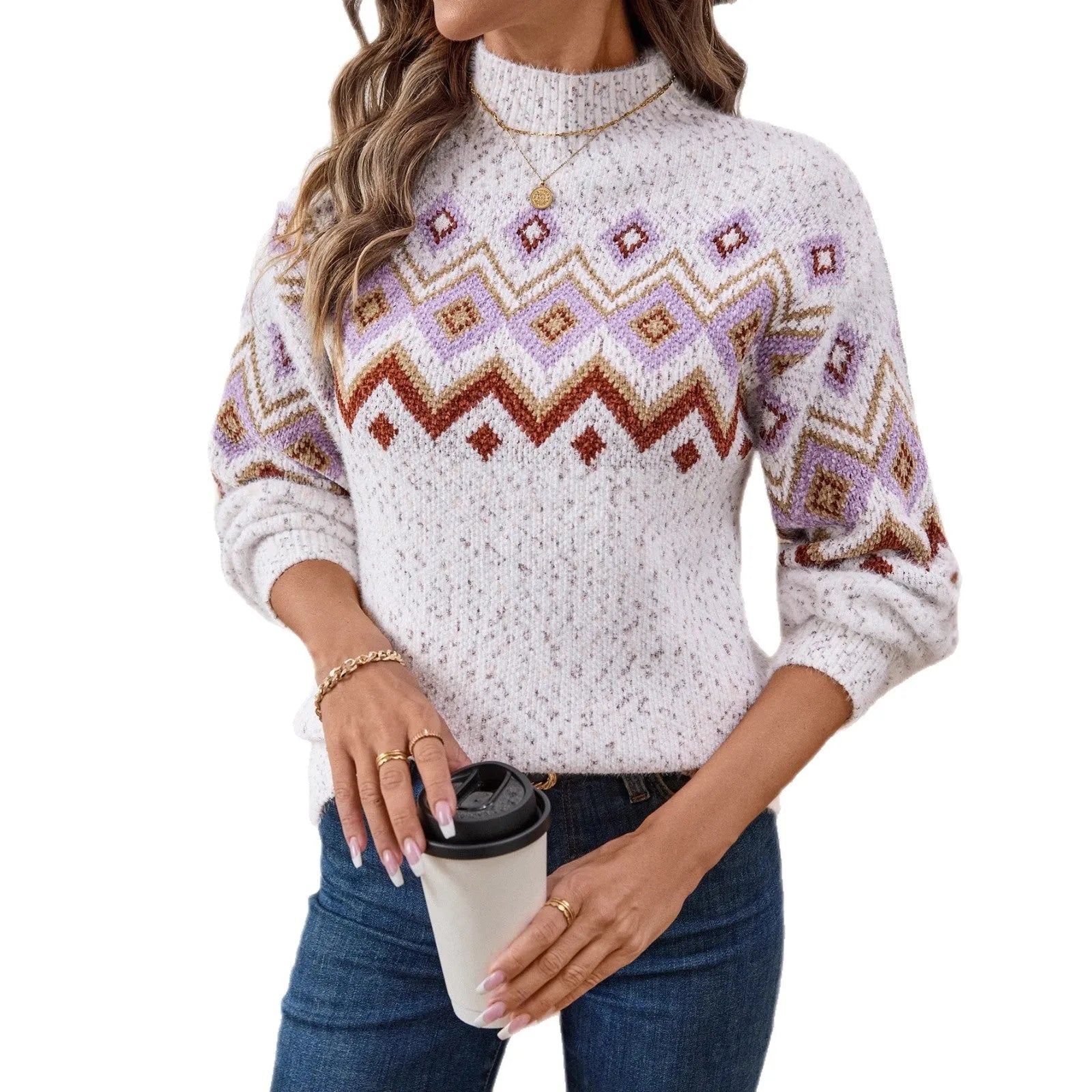 White geometric Jacquard pattern half turtleneck loose sweater in thick chenille fabric