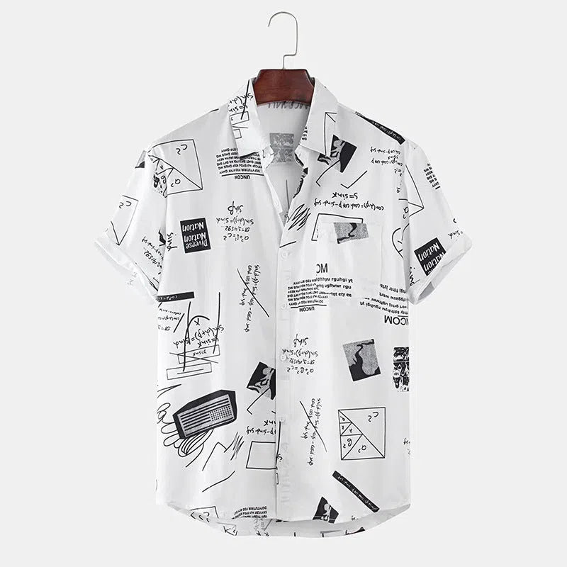 Men's cotton short sleeve shirt with abstract floral print and chest pocket in white