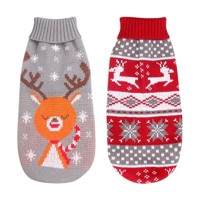 Christmas turtleneck knitting sweater dog clothing in acrylic knit, red reindeer pattern, on small dog