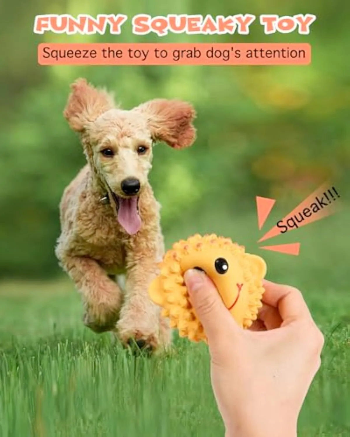 Orange and yellow spiky latex dog toys with squeaker for teeth cleaning during fetch play