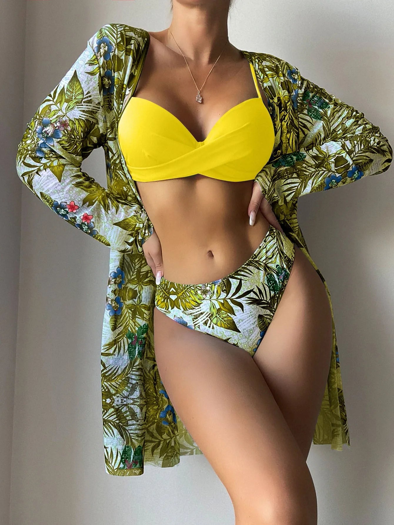 Women's hard-packed mesh split swimsuit with steel support and chest pad in yellow, available in sizes S M L