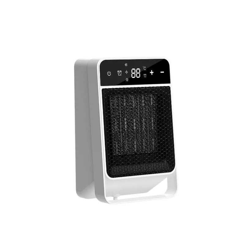 Black desktop electric heater with touch screen digital display and remote control on wooden desk