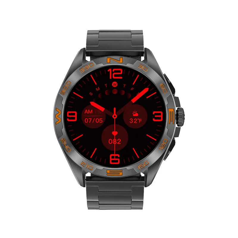 Smart watch with health monitoring display showing blood pressure, heart rate, and blood oxygen readings