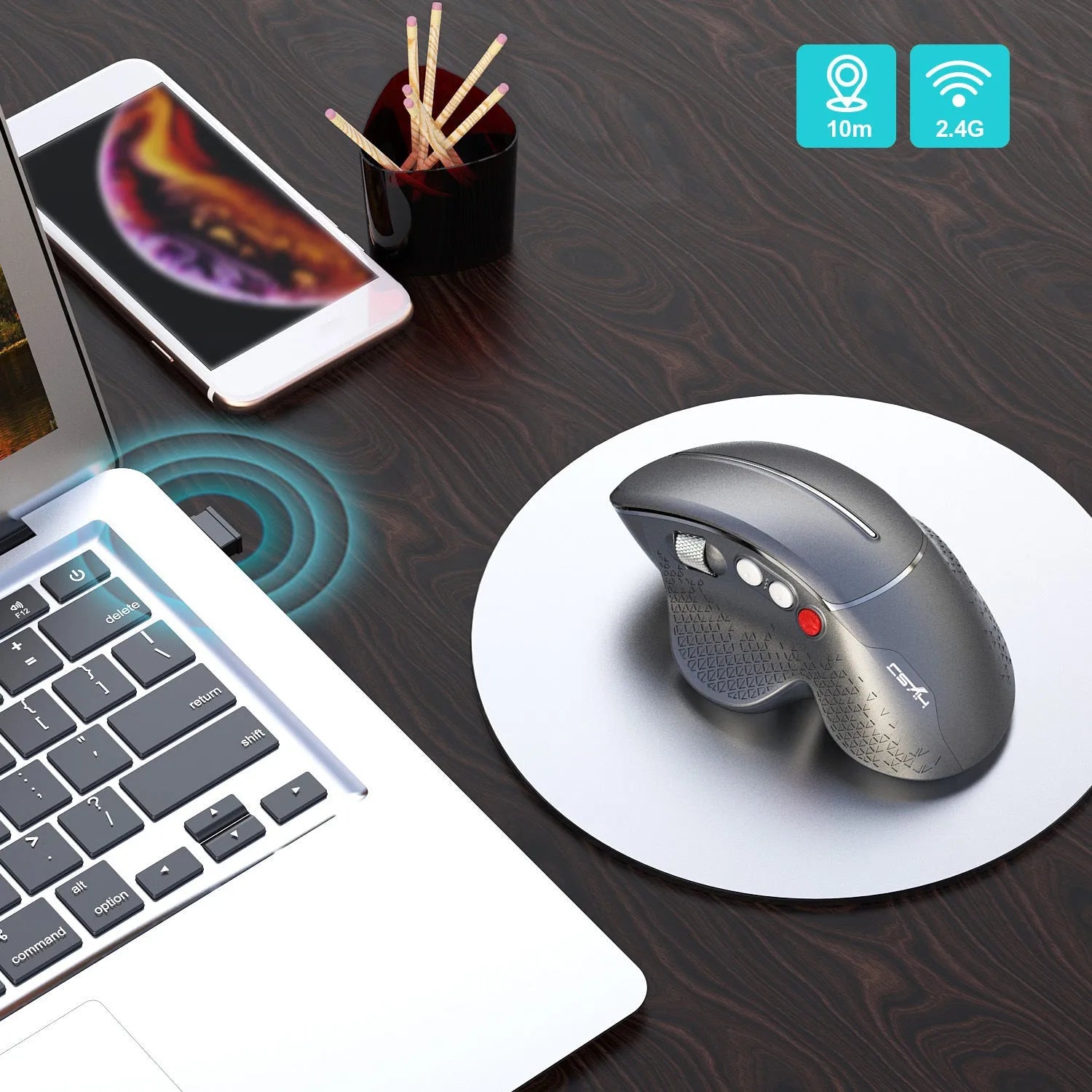 T32 wireless vertical ergonomic mouse in black matte finish showing aluminium side roller and vertical design