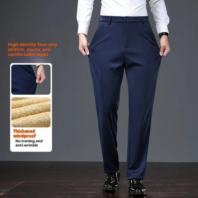 Pair of casual thermal long pants for elderly men in lamb wool black with rope closure and polyester-spandex fabric