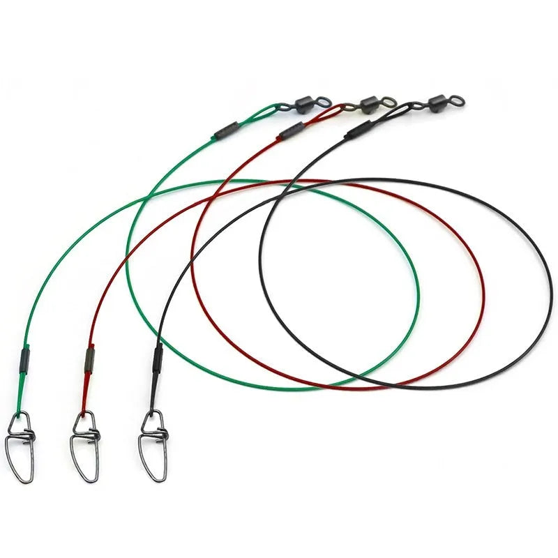 Ten green anti-bite steel wire fishing leaders with double buckle pins, each 54cm long, laid out straight.