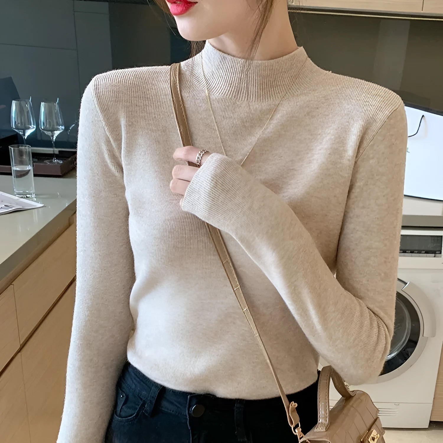 Slim fit viscose bottoming shirt in apricot colour with long sleeves
